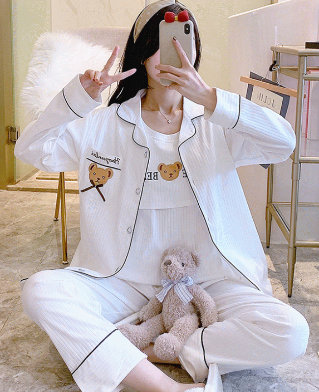 곰돌이 임산부가운+수유반팔티+허리조절팬츠 3종세트 잠옷